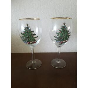 2 Spode 8.5" Christmas Tree Water Goblets Gold Rims Glasses Pedestal 16‎ oz